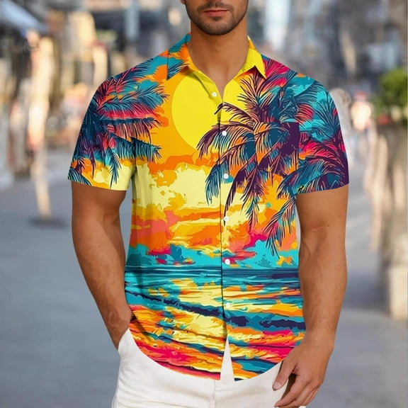 SGFCWSX Mens Short Sleeve Button Down Shirts, Men's Tropical Print Hawaiian Shirt for Beach Vacation Orange Size S