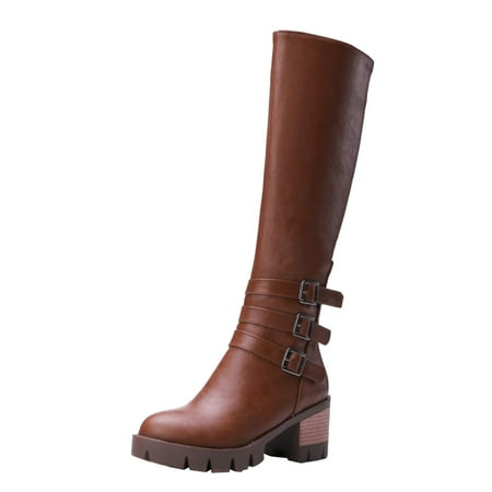 

Puawkoer Women High Heel Boots Fashion Solid Color Belt Buckle Comfortable Waterproof Platform Square Heel