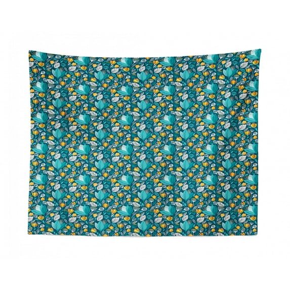 Azulejo Tapestry, Portuguese Ceramic Like Tiles Motif with Ottoman Ethnic Pattern, Fabric Wall Hanging Decor for Bedroom Living Room Dorm, 2 Sizes, Pale Orange and Petrol Blue, by Ambesonne