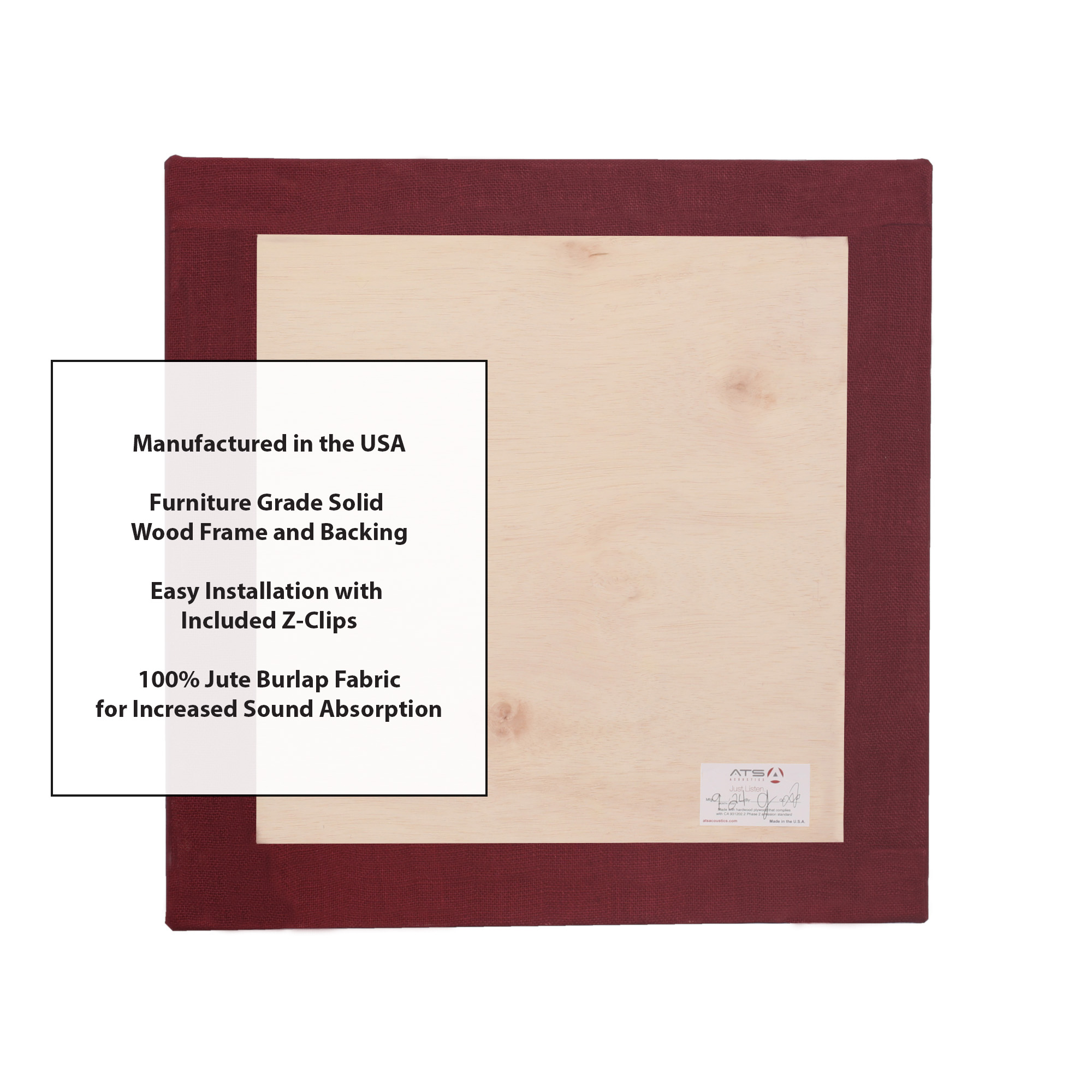 ATS Acoustics Sound Absorbing Acoustic Panel 24" x 24" x 4" Beveled Edge (Burgundy)