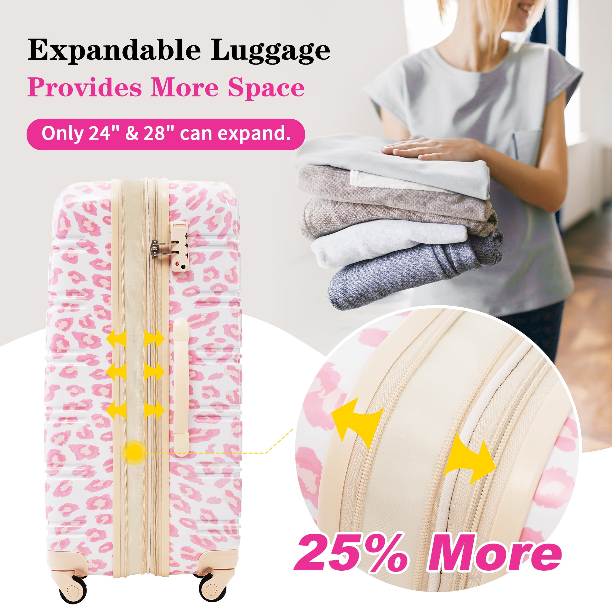 EUROCO 3PCS Luggage Sets(20"/24"/28"),Expandable PC Durable Hardshell Lightweight Suitcase Sets with TSA Lock and 360 Silent Spinner Wheels,Pink Leopard