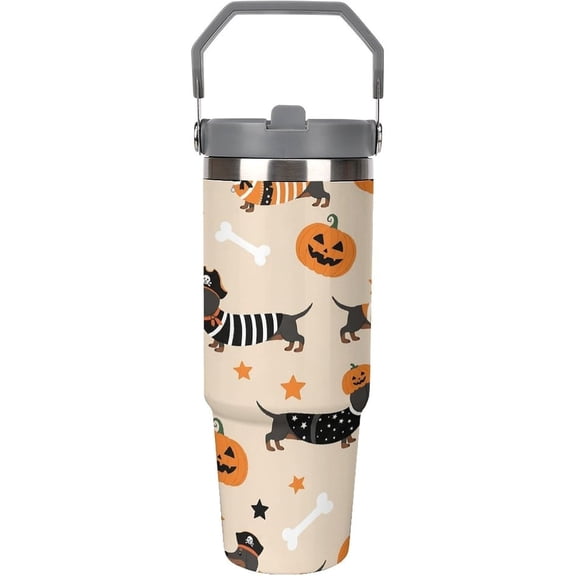 Halloween Dachshund Dogs Pumpkins Tumbler with Lid And Straw 30oz Stainless Steel Cup Insulated Water Bottle, Large Capacity Car Cup, Leakproof Travel Tumbler Coffee Mug with Handle
