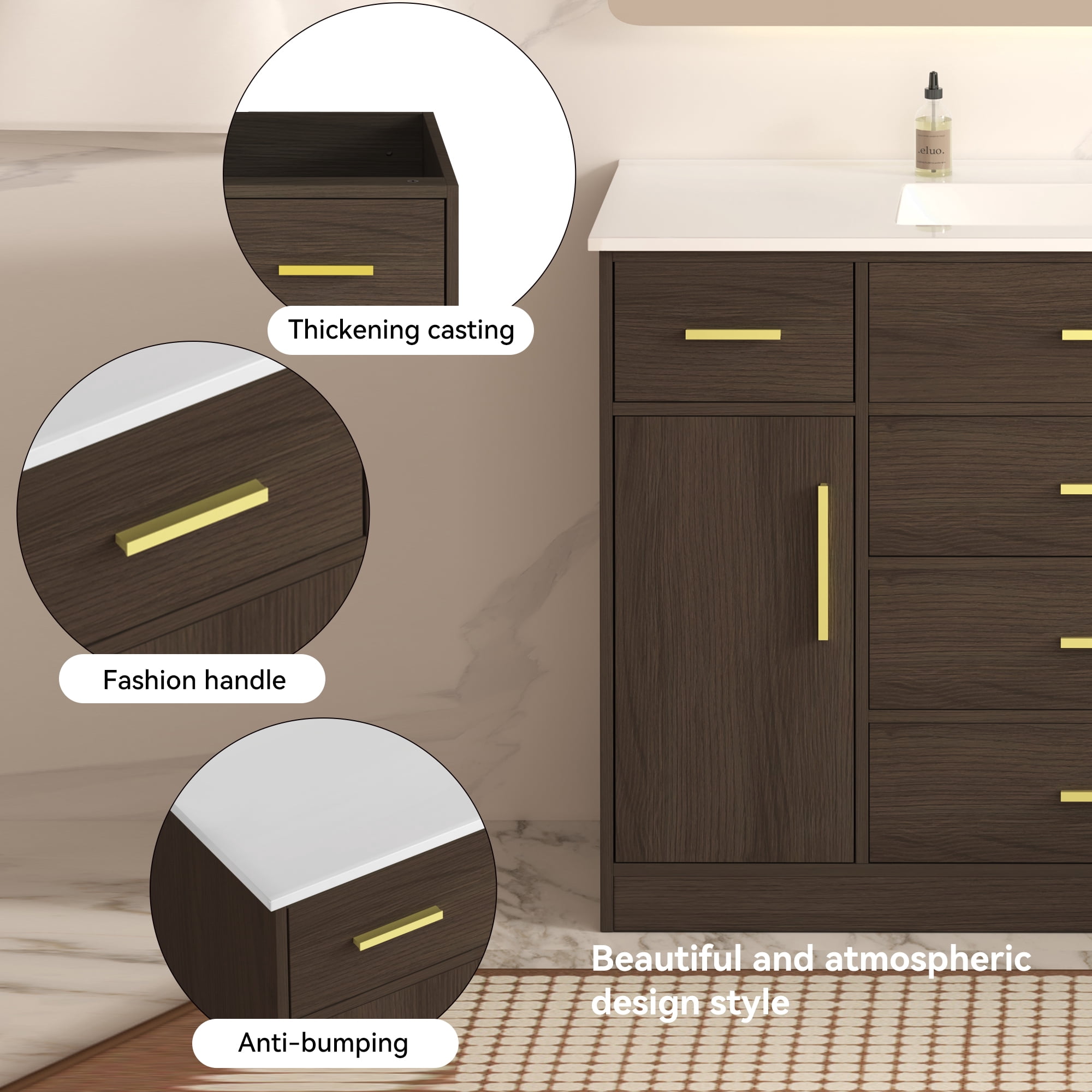 48 Inch Bathroom Vanity with Sink, 7 Drawers, 2 Soft Close Doors, Wood Cabinet, Dark Brown
