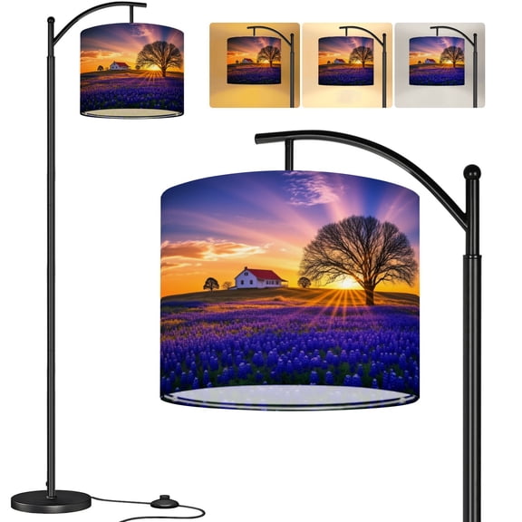 Arc Floor Lamp Texas bluebonnet field sunrise Tall Modern Standing Lamp LED Adjustable Linen Lampshade 3 Color Temperatures