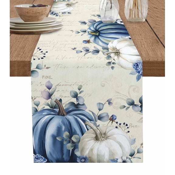 Blue White Pumpkin Table Runner 48 Inches, Rustic Fall Thanksgiving Eucalyptus Bed Runner Dresser Scarves Tabletop for Indoor Outdoor Parties/Ceremony/Banquet, 13" x 48"
