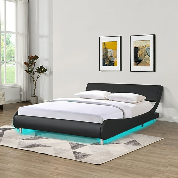 Mintazer Queen Size Modern Faux Leather Platform Bed Frame with Curved Headboard & RGB LED Under Bed Lights for Bedroom Guest Room, No Box Spring Needed, Black