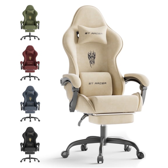 Wasait Velvet Fabric Gaming Chair with Footrest High Back Ergonomic Gamer Chair with Headrest and Massage Lumbar Cushion Racing Reclining Video Game Chair for Adults, Beige