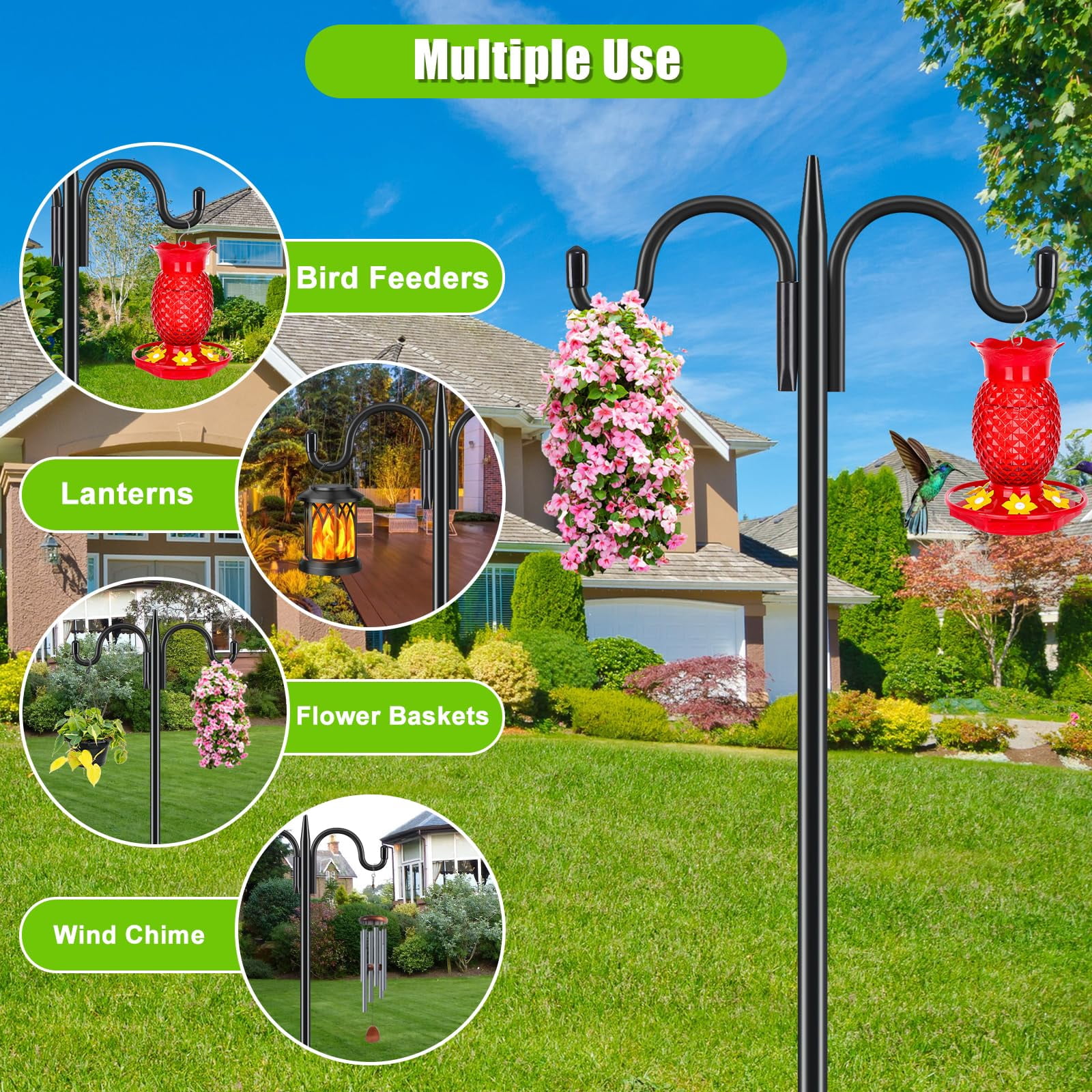 Double Shepherds Hook For Outdoor  2 Pack 63 Inch Heavy Duty Bird Feeder Pole 5/8 Thick Garden Hooks Hanging Hummingbird Plant Baskets Solar Light Lanterns