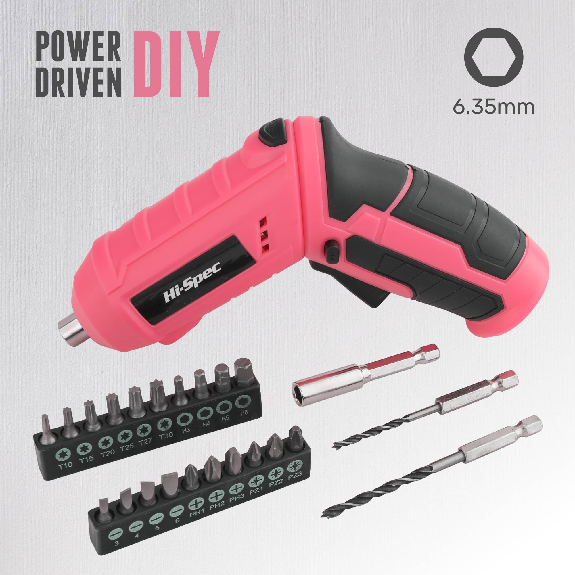 Hi-Spec 42pc Pink 4V USB Electric Power Driver & Household Womens Tool Kit. Cordless Power Screwdriver and Hand Tools in a Compact Box Case