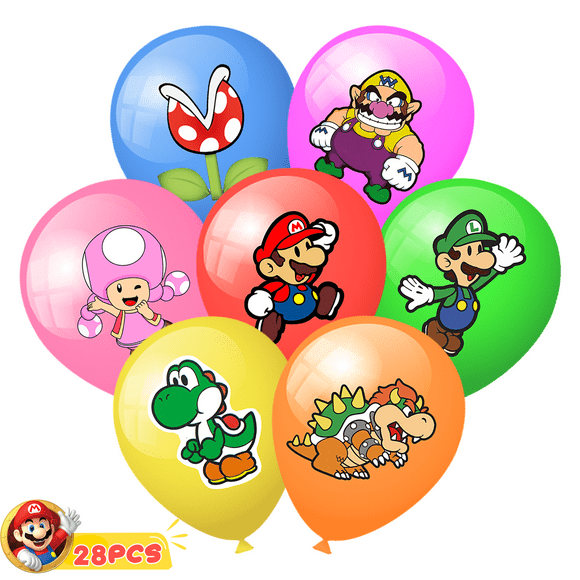 Mario Articles de Fête Bros, Ensemble de 28 Pcs de Décorations d'Anniversaire avec Ballons - 7 Motifs et Couleurs Différents Ballons pour Articles de Fête du Jeu Mario
