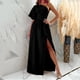 thumbnail image 2 of Vestido de hombro inclinado de manga corta con abertura en el dobladillo del hombro inclinado con volantes de color sólido de otoño para mujer Fridja bnh6940, 2 of 8
