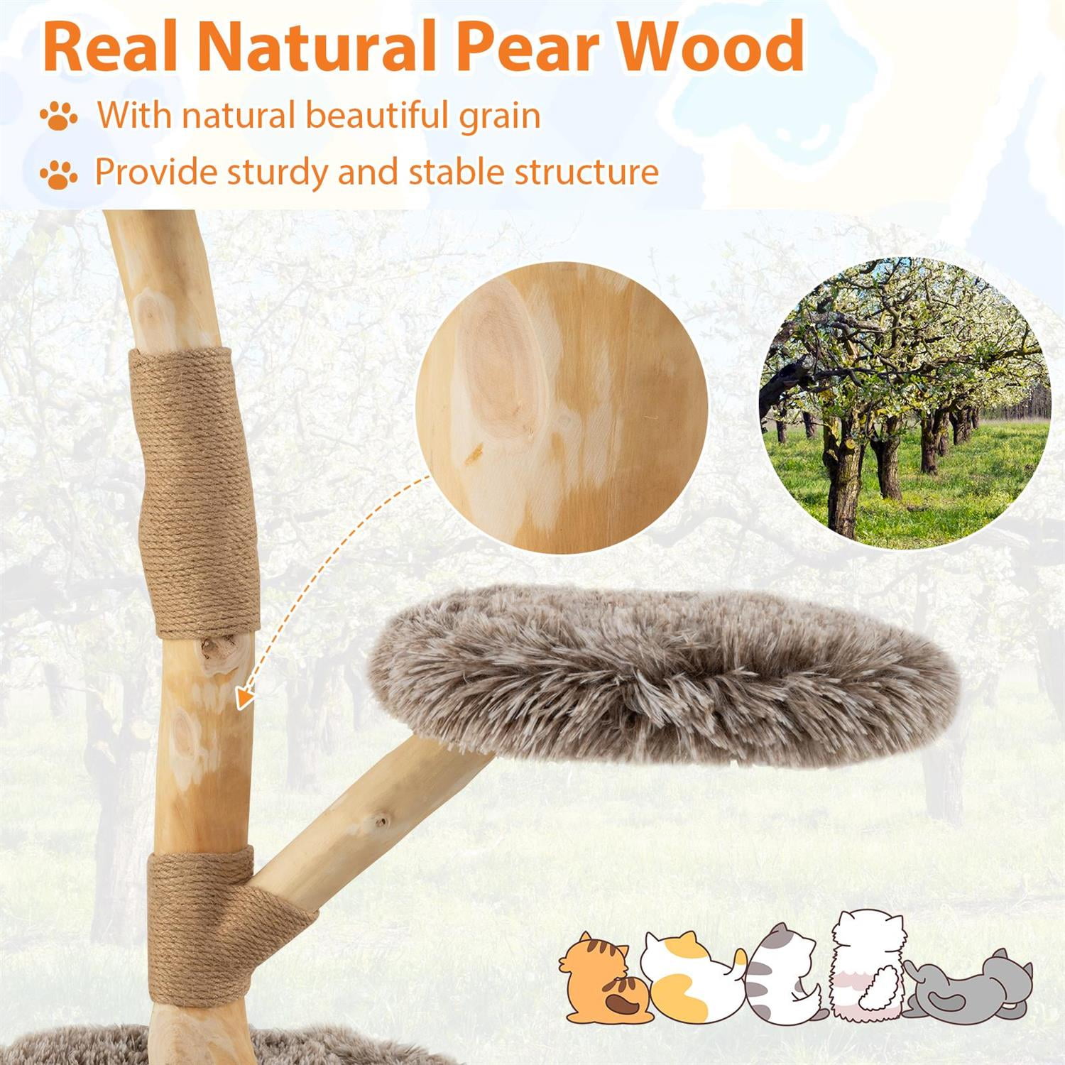 Pefilos Modern Wooden Cat Tree Tower, Top Perch & Natural Jute Scratching Posts, 3-Tier Design & Anti-Toppling, Brown