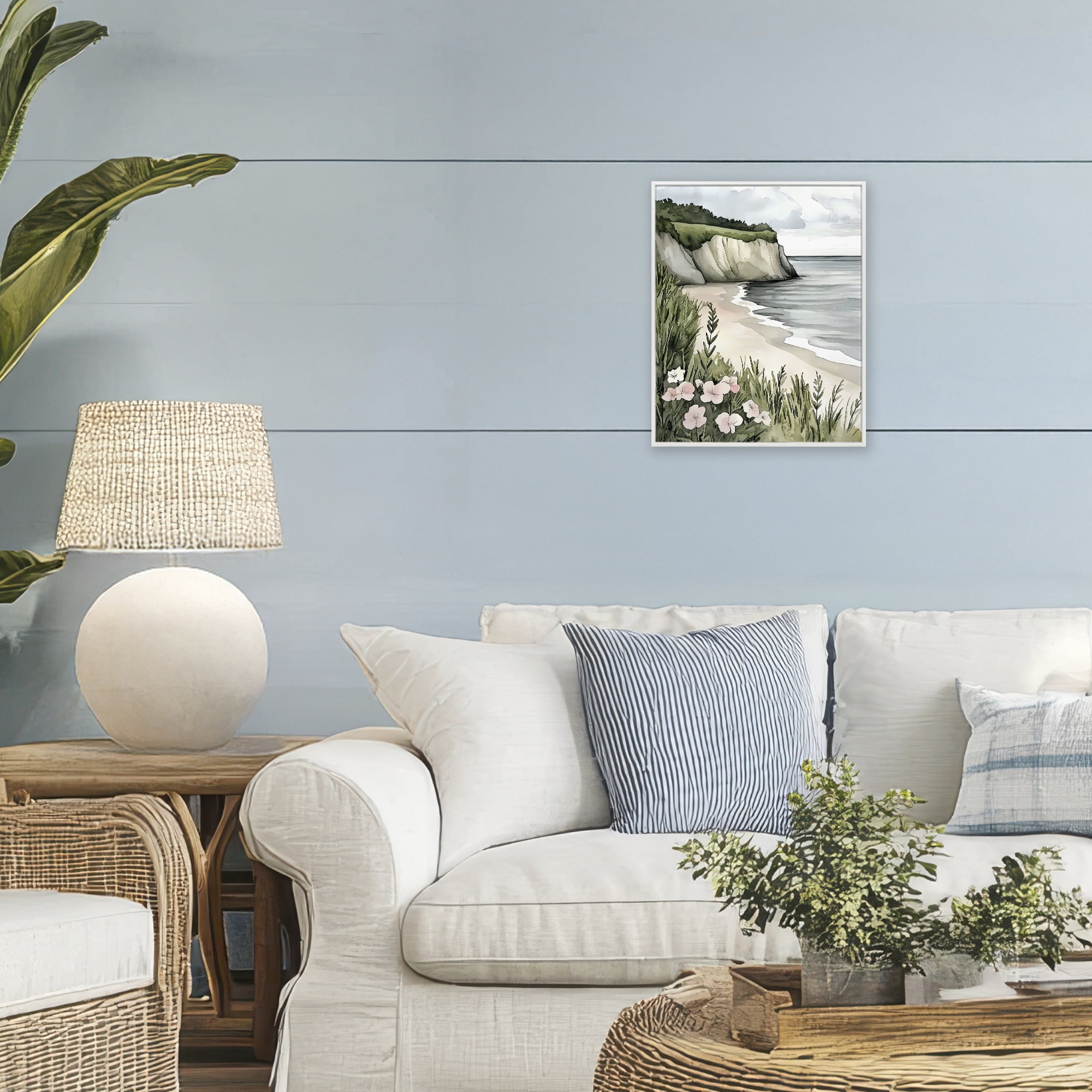 Stupell Industries Coastal Calm with Floral Blooms White Framed Giclee Art, design by Riley B