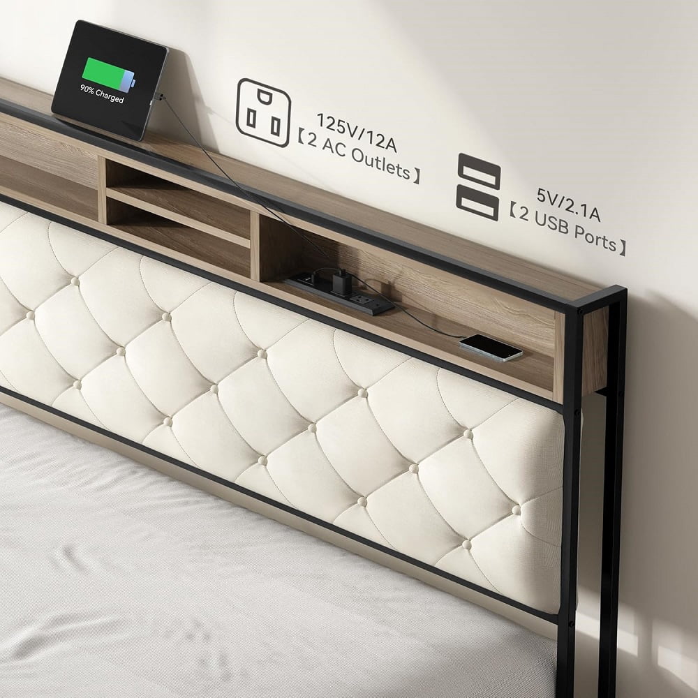 YDSM King Size Bed Frame, Platform Bed Frame with Charging Station, Upholstered Storage Headboard & Footboard Metal Slats Supports Mattress Foundation