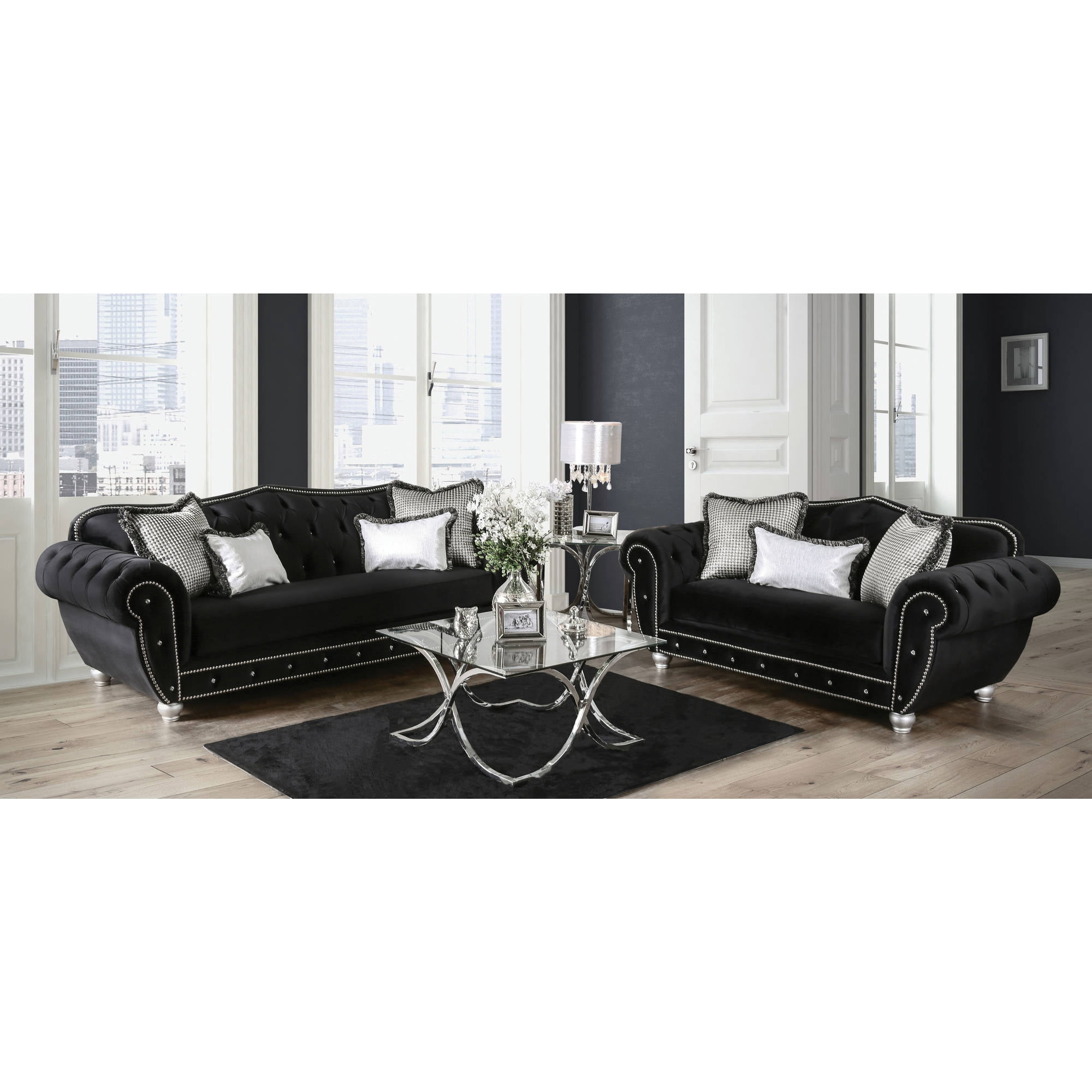 Elisabetha Traditional Velvet-like Fabric Loveseat, Black