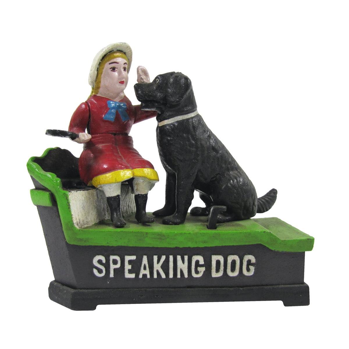 Antique Vintage Style Cast Iron Mechanical Speaking Dog Money Bank 2 Pc 