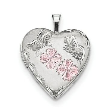 Sterling Silver Rhodium-Plated Enameled Flowers & Butterfly Heart Locket (25.1 X 19.6) Made In Hong Kong qls641