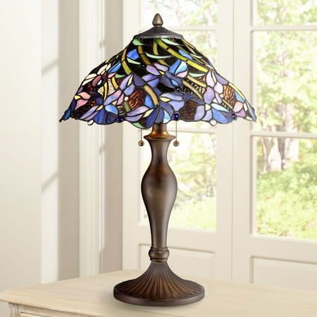 Stained Glass Table Lamp (Robert Louis Tiffany Traditional Table Lamp Vintage Bronze Metal Floral Swirl Stained Art Glass for Living Room Family)