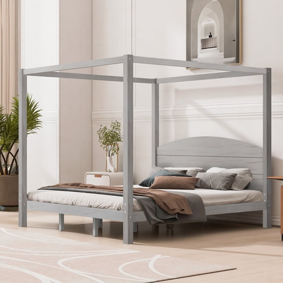 Pinovk King Size Canopy Platform Bed with Headboard and Support Legs, Grey Wash