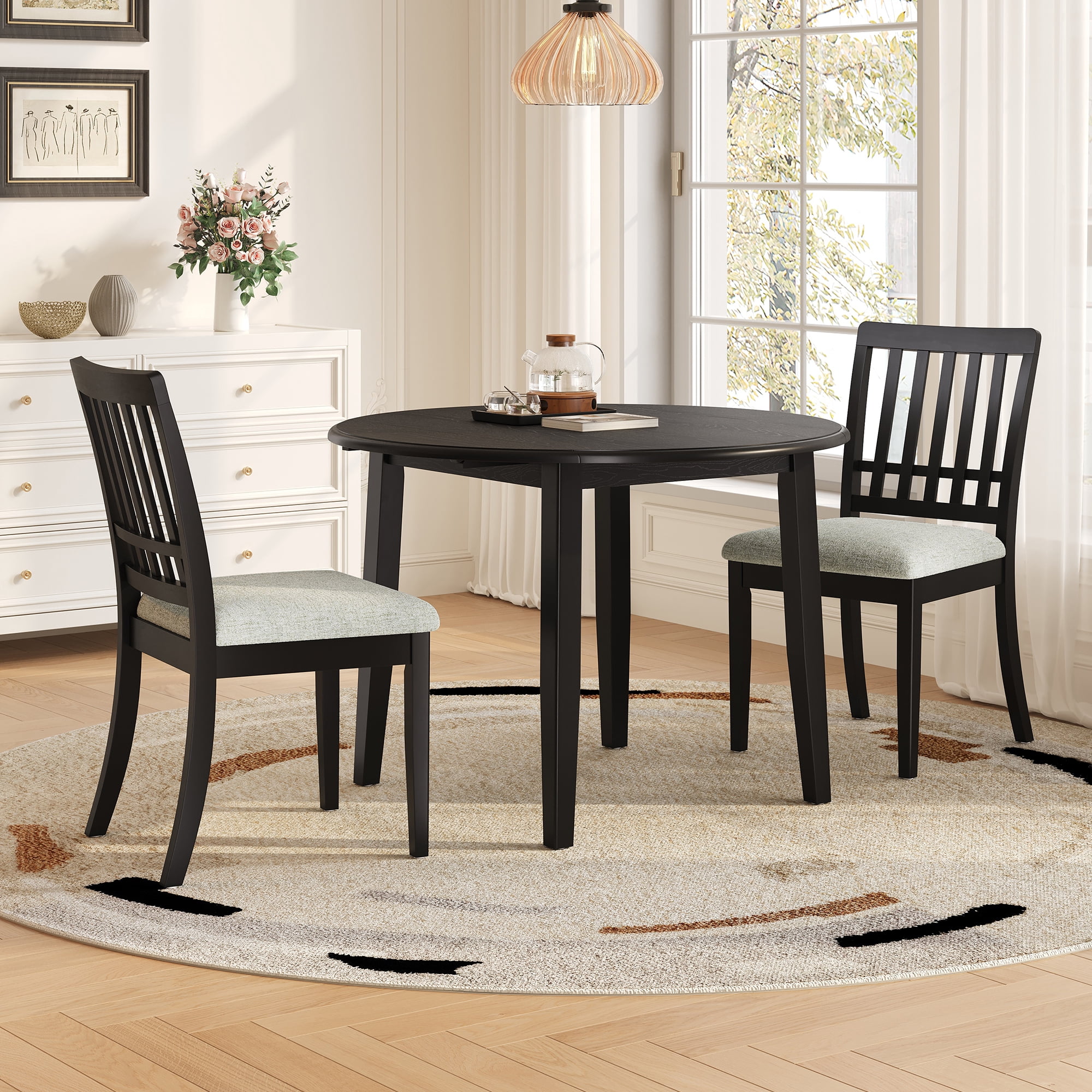 Euroco 3-Piece Round Dining Table Set for 2, Foldable Wood Dining Table with 2 Upholstered Chairs, Farmhouse Kitchen Table Set for Small Apartments,Dining Areas,Space-Saving,Black