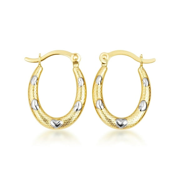 14K Two Tone Gold Textured Heart Hoop Earrings
