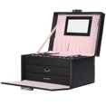 thumbnail image 3 of PU Leather Jewelry Box 3 Layer Necklace Ring Earring Organizer Box Case with LockBlack, 3 of 8