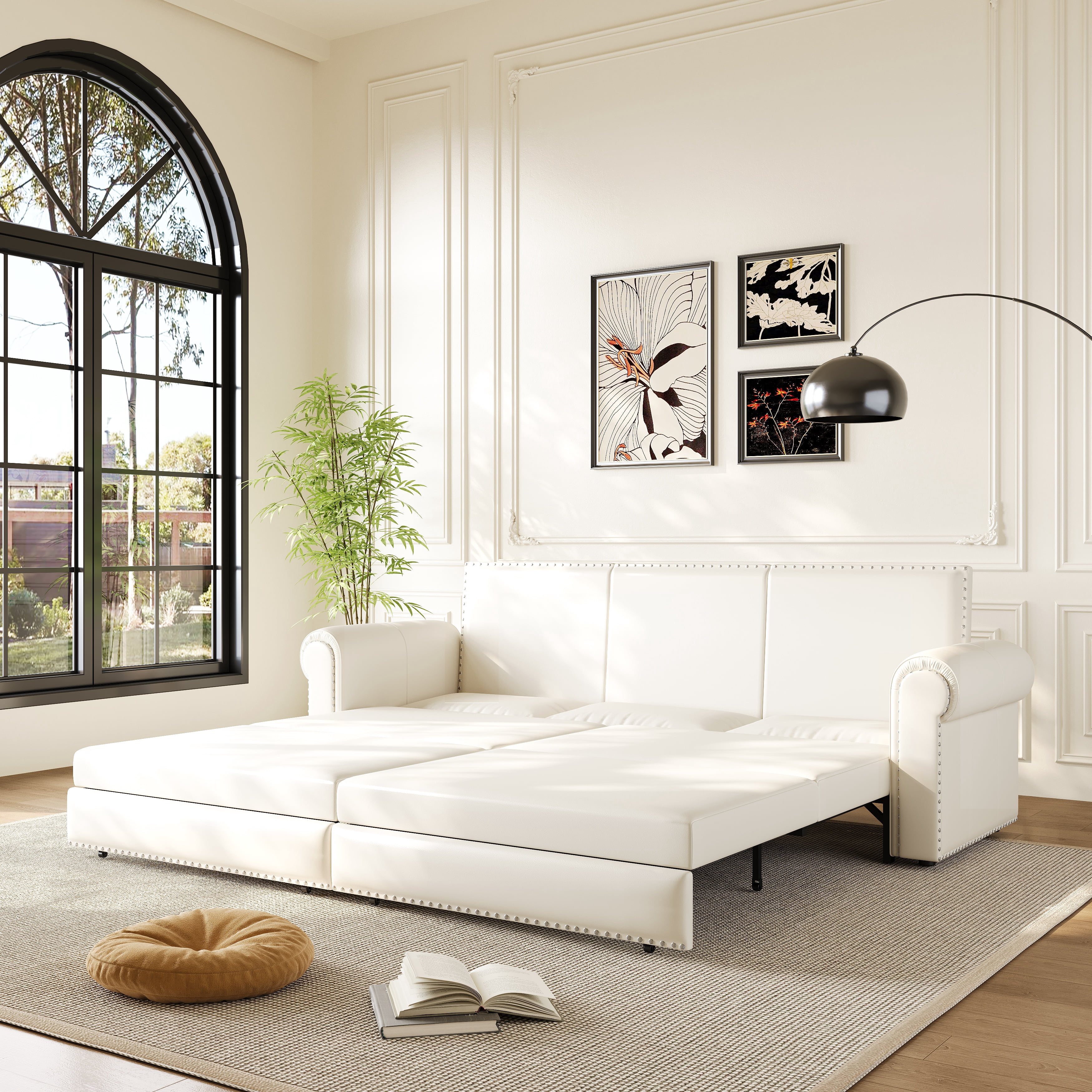 Chesterfield Sofa,93.7" King Pull Out Sofa Bed,3-in-1 Faux Leather Convertible Sleeper Sofa with Nailhead Trim & Rolled Arm,Multi-Functional Sofa Bed for Living Room,Bedroom
