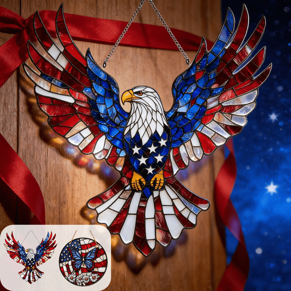 CuiLiyq American Eagle Patriotic Decor, 7.8 Inch 2D Flat Acrylic Suncatcher for Window, Red White Blue Flag Pattern Sun Catcher for Home, Garden, Patio Decor, Gift for Nature and Bird Lovers
