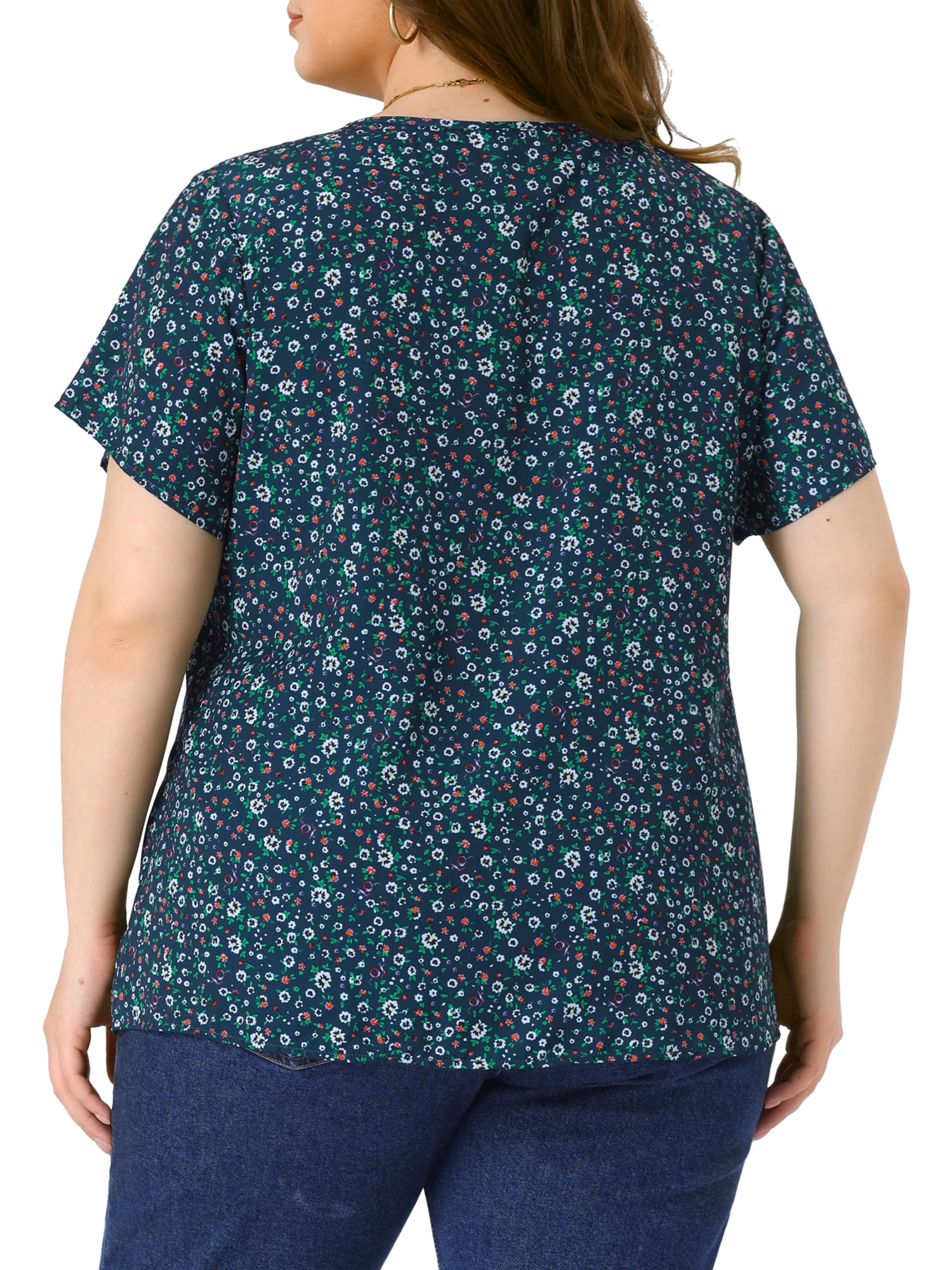 Unique Bargains Women's Plus Size Floral Half Placket Short Sleeve Blouses 2X Dark Blue