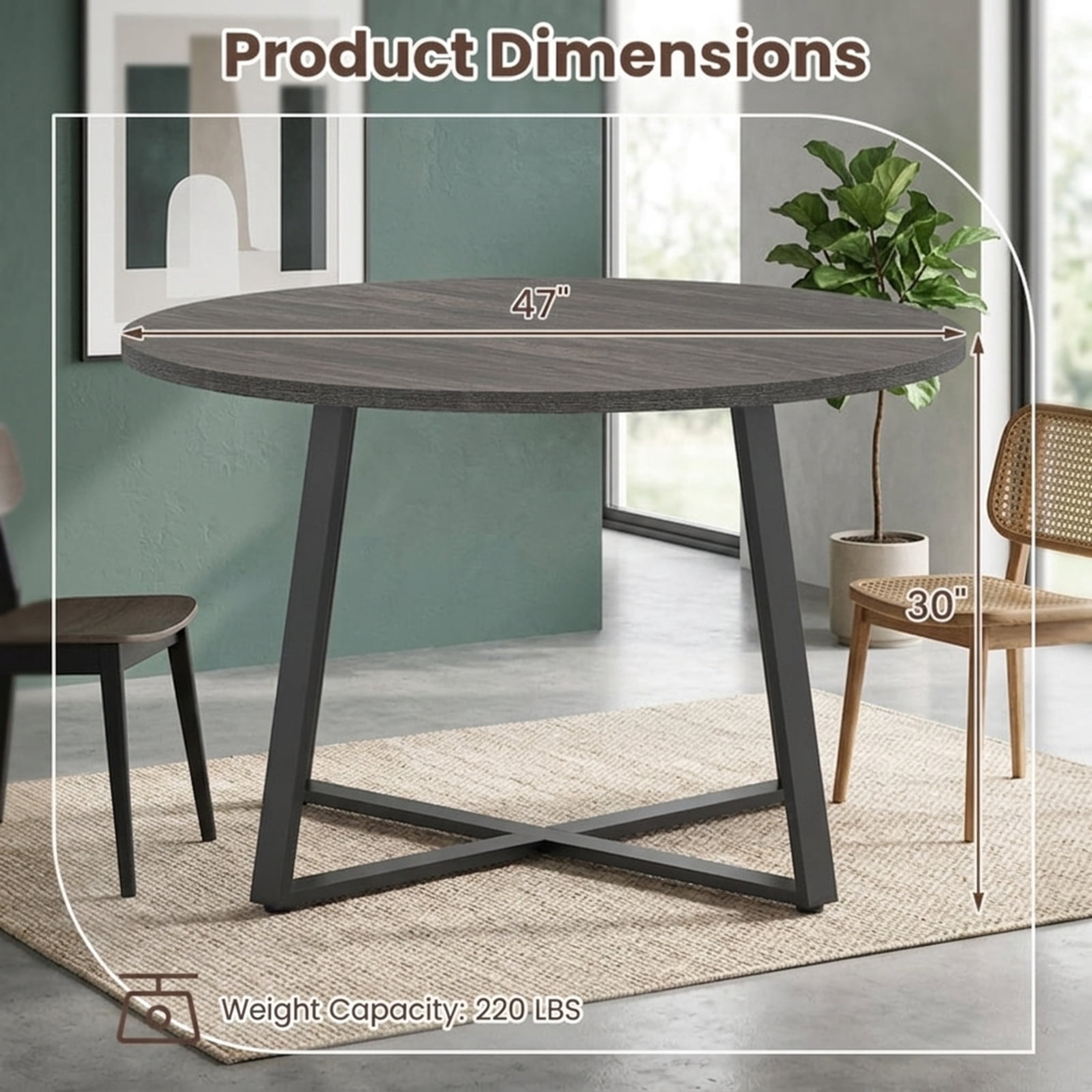 Furnibear 47 Inch Round Dining Table with Stable X Shaped Base and Thickened Top