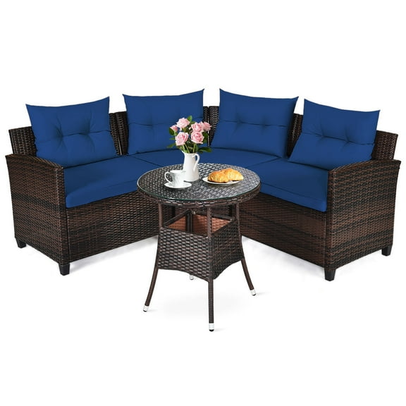 Patiojoy 4PCS Outdoor Patio Conversation Set Wicker Rattan Sectional Sofa W/Navy Cushions