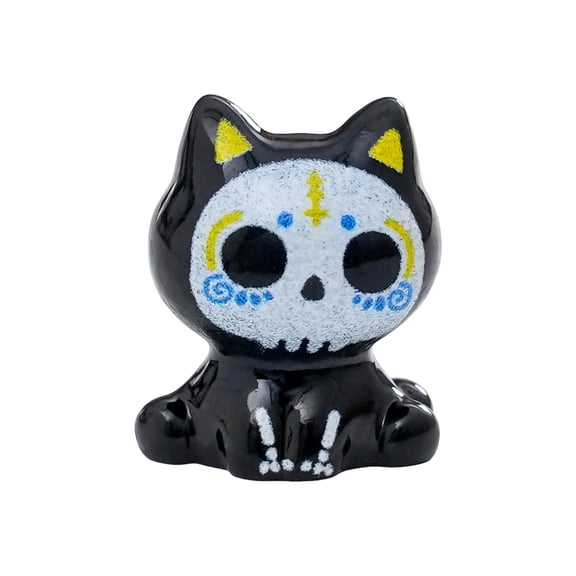 Mini Resin Black Cat Figurine with Day of The Dead Sugar Skull Design, 1-Pack, Glossy Black and White, for Halloween and Gothic Home Decor, Decoration