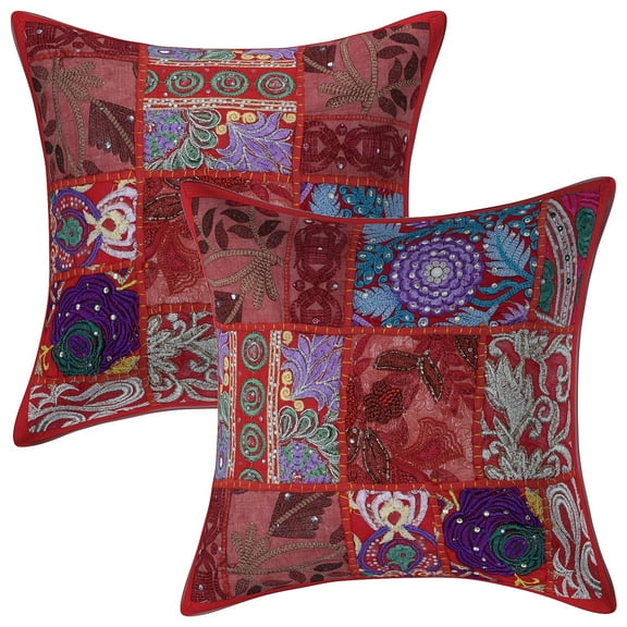 Stylo Culture Ethnic Cotton Living Room Throw Pillow Covers Red 12 x 12 Bohemian Vintage Patchwork Ethnic Sofa Cushion Covers 30x30 cm Decorative Abstract Square Pillow Cases | Set Of 2