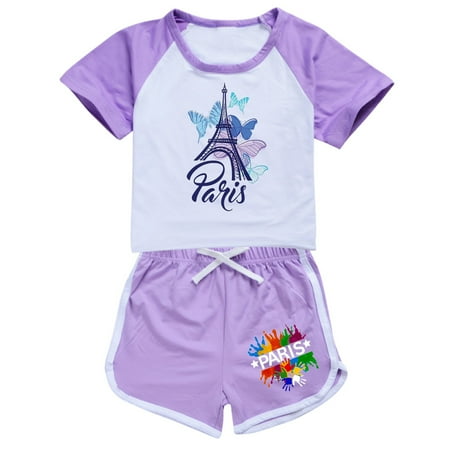 

Baby Girl Outfits French Tower Tourism Commemorative Print Color Block Sleeves Shirt Shorts Casual 3 Kids Suits for Girls