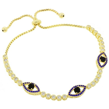 Pori Jewelers Blue CZ 18kt Gold-Plated Sterling Silver Multi-Evil Eye Friendship Bolo Adjustable Bracelet