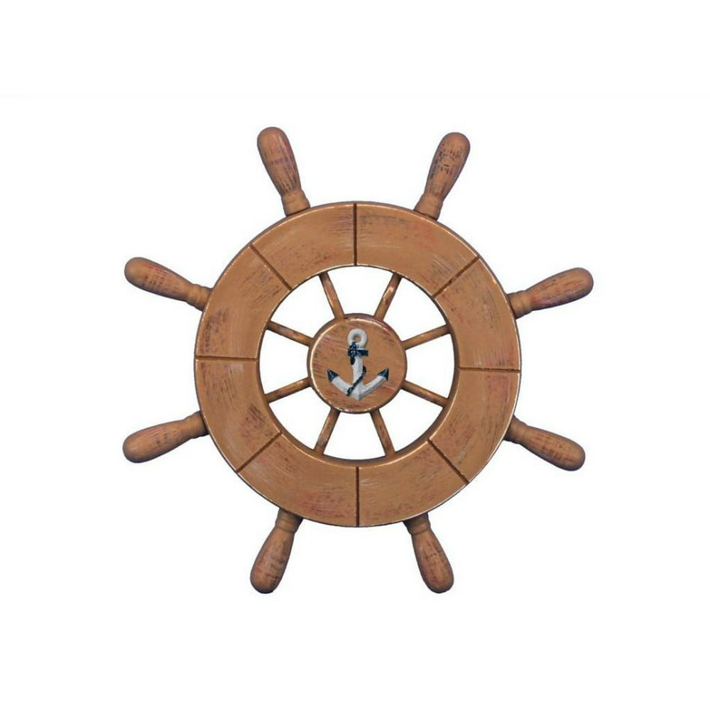 Rustic Wood Finish Decorative Ship Wheel With Anchor 9" Wooden Ships