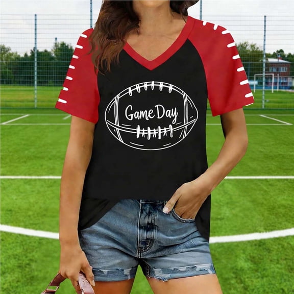 Mifsaly Football Shirt Women V-Neck Short Sleeve Game Day Shirts Glitter Letter Graphic Sport Pullover Team Fans Game Day Football Tee XXXL