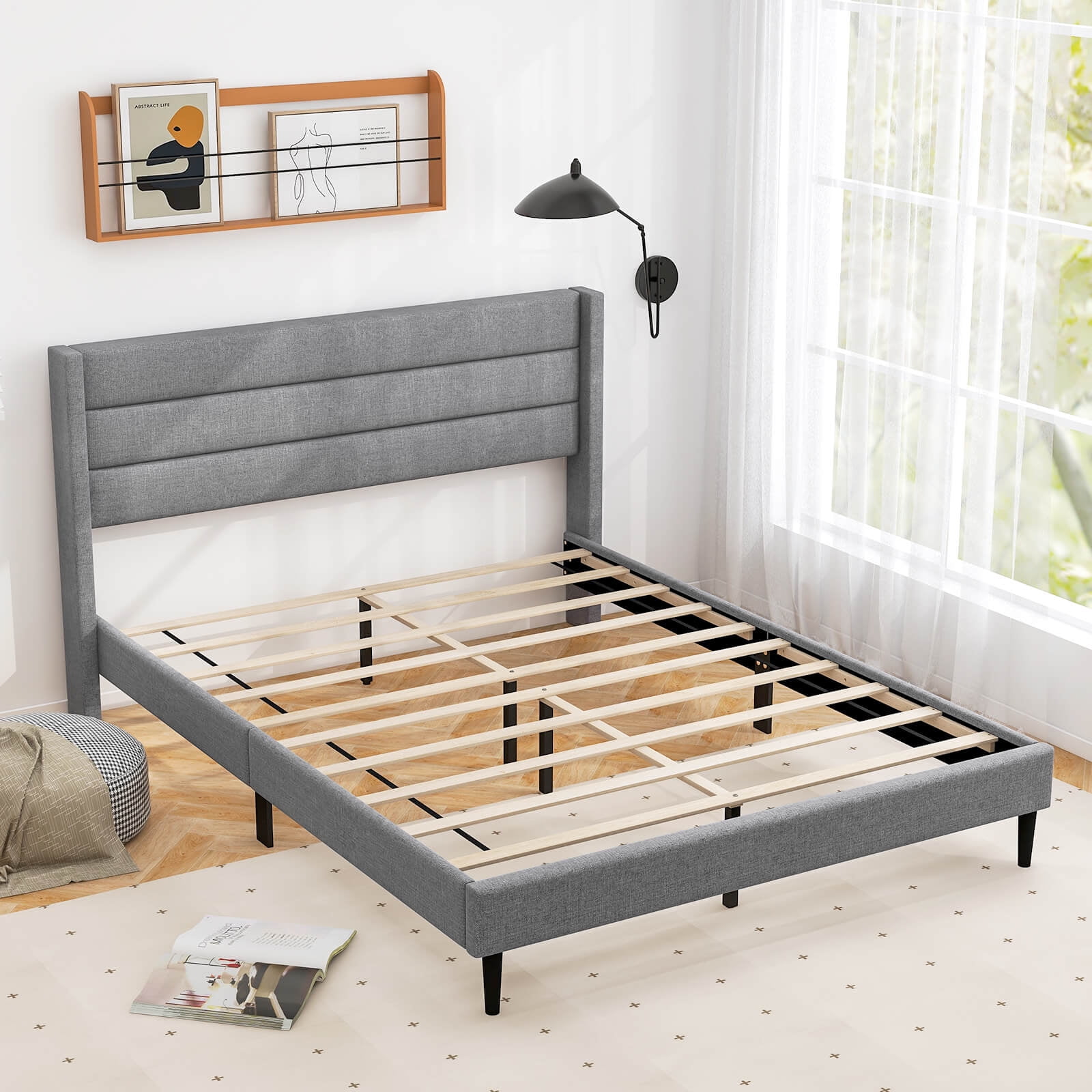 Infans Queen Bed Frame with Wingback Headboard Linen Upholstered Platform Bed Grey