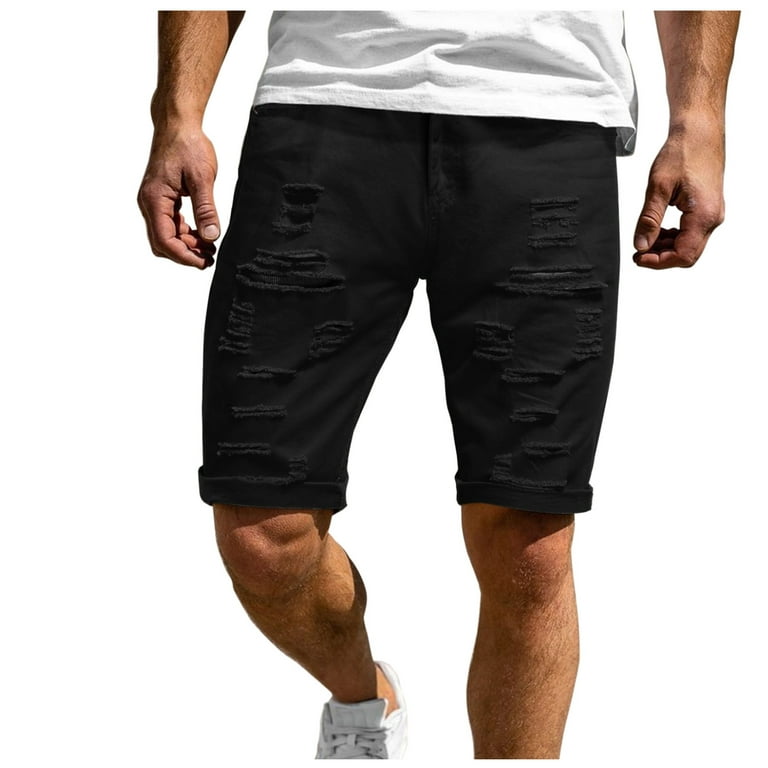 Men's Solid Color Ripped Shorts Men Classic Fit Vintage Jean Shorts Summer  Casual Fitness Sports Shorts Pants