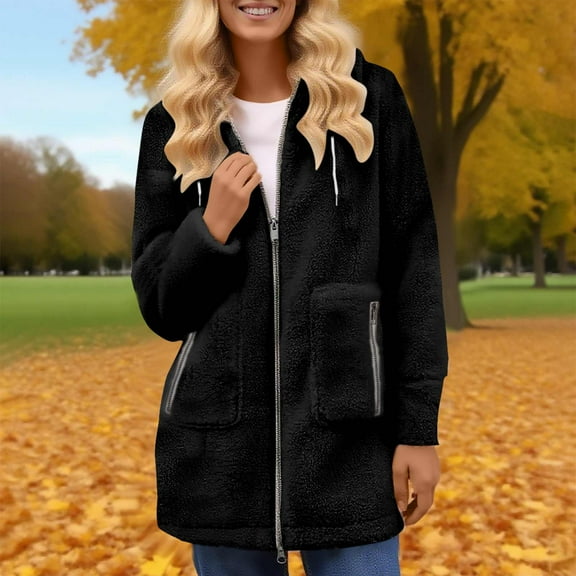 Womens Fuzzy Fleece Long Jackets Full Zip up Long Sleeve Hooded Coats Winter Fashion Warm Outerwear with Pockets New Lightweight Jackets Womens Plus Size Black M