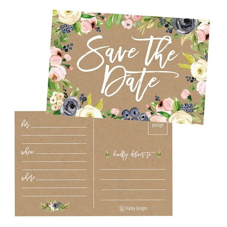 25 Rustic Floral Save The Date Cards For Wedding, Engagement, Anniversary, Baby Shower, Birthday Party, Kraft Flower Save The Dates Postcard Invitations, Simple Blank Event Announcements
