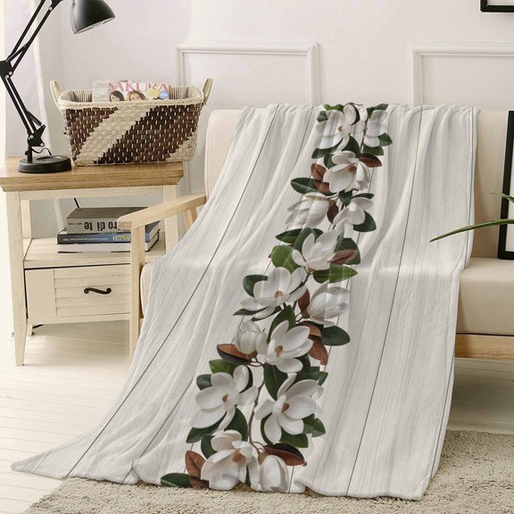 Retro Magnolia Throw Flannel Blanket 40x50In Flower Leaf Classic Beige Wood Grain Texture Super Soft Cozy Bed Blanket, Lightweight Plush Fuzzy Bed Throw for Bedroom Sofa Couch Living Room
