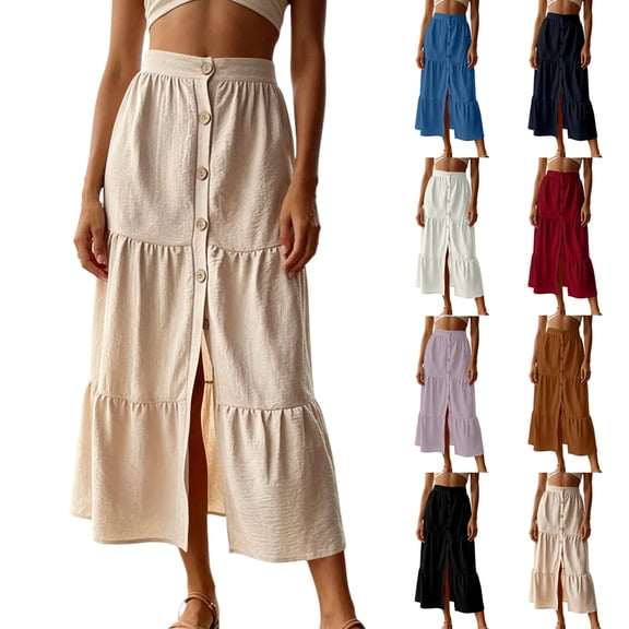Womens Elastic High Waist Tiered Ruffle Midi Skirt Front Split Button Down Solid Boho Long Skirt for Summer Casual Wear Khaki XL(XL)