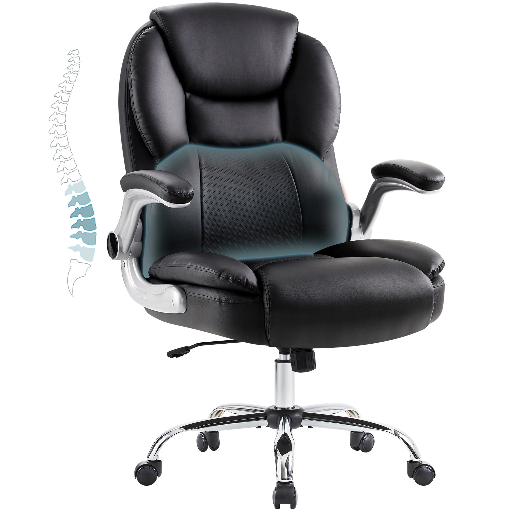 Black Executive Office Chair Big and Tall Computer Desk Chair with Adjustable Flip-up Armrests, High Back Leather Chair with Lumbar Support, Swivel Rolling Chair for Adults Working Study