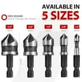 thumbnail image 2 of 5PCS Countersink Drill Bit Set, 82 Degree5-Flute HSS Counter Sink Bits with 1/4" Hex Shank, Sizes 1/4” to 3/4” Fit for Sink Holes into Metal, Wood, Plywood & Plastic with Aluminum Case, 2 of 7