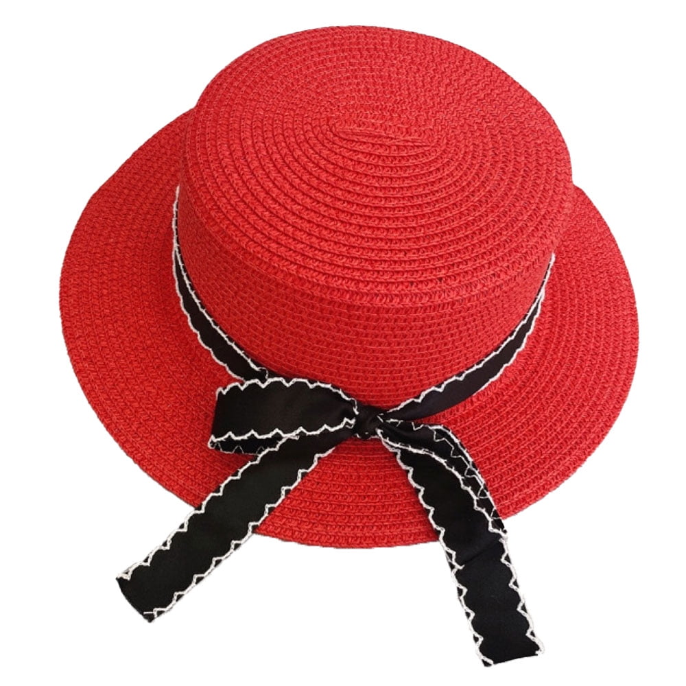 Red & Black Straw  Bow Hat Red Straw Black Bow Derby Hat Vintage 1960s For Sale at  main image 3