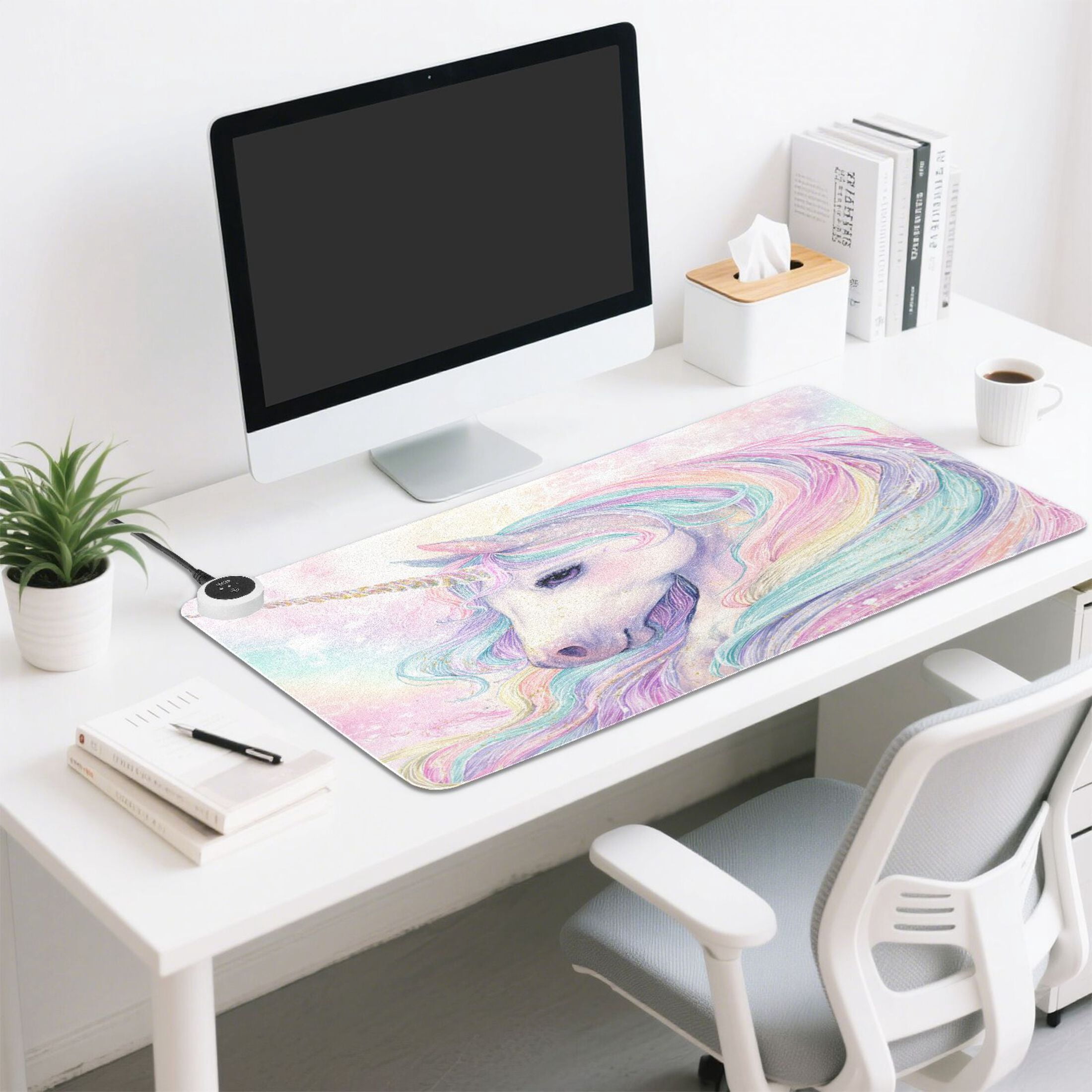 Large Heated Desk Mat Mouse Pad 31.5"x13"PU Leather Graphene Heating Desk Warmer with 3 Temperature Settings 110V US Plug Non-Slip Warm Pad for Home, Office, and Gaming Magical Unicorn Pastel Sky