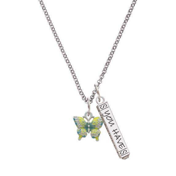 Delight Jewelry Silvertone Small Lime Green & Blue Butterfly Silvertone Live the Life You Have Imagined Bar Charm Necklace, 23"