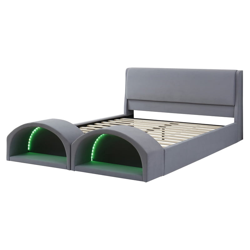 Queen Size Upholstered Platform Bed with LED Lights, Velvet Kids/Teens/Adults Low-Profile Bed Frame with Pet Nests at Footboard