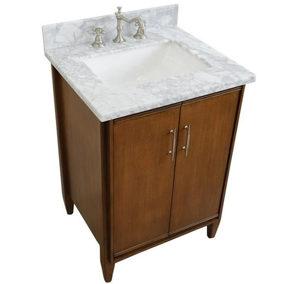 MCM 25" Rectangle Sink Vanity in Walnut/White Carrara Marble Stone